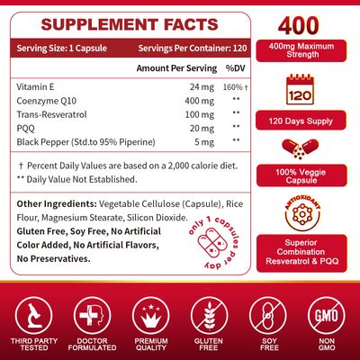 ZEBORA CoQ10-400mg with Trans-Resveratrol, PQQ & Vitamin E - High Absorption Coenzyme-Q10 with BioPerine - Powerful Antioxidant for Heart & Energy-Production,120 Veggie Capsules