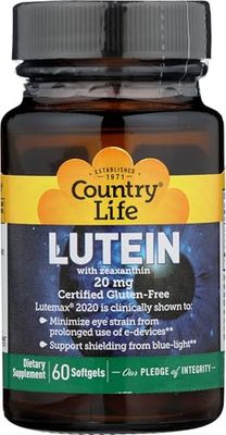Country Life Lutein 20 mg Supplement - Certified Gluten-Free - Eye Health Support with Lutein and Zeaxanthin - Reduces Eye Strain from Screens - No Yeast, Corn, Wheat, Milk - 60 Softgels