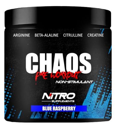 Nitro Supplements - Chaos - Non Stim Pre-Workout (30 Sevings) Beta-Alanine, L-Citrulline, Arginine, Creatine, Taurine Stim-Free Non-Stimulant (30 Servings, Blue Raspberry)
