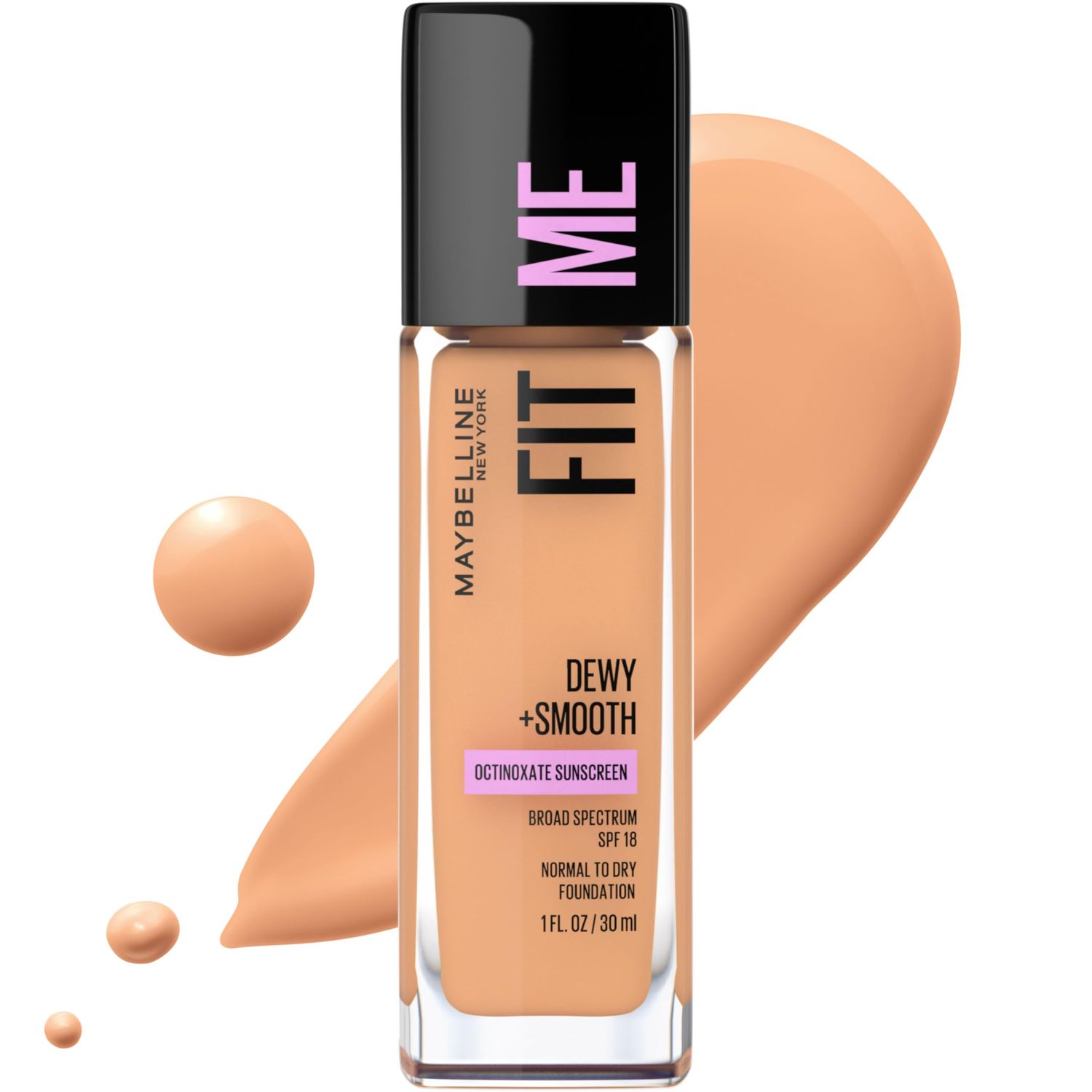 Maybelline Fit Me Dewy Smooth Liquid Foundation Makeup, Sun Beige, 1 Count (Packaging May Vary)
