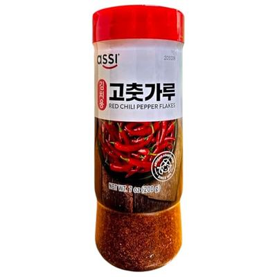 Korean Red Hot Chili Pepper Flakes Powder, Sun Dried 7oz Shaker