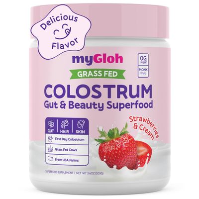 Colostrum Powder Premium | Gut Health &amp; Bloating, Hair Growth &amp; Skin Glow, Immunity | Natural Flavor Strawberries &amp; Cream | Grass-Fed Bovine Colostrum Supplement | High IgG, Gluten Free, Bioactives