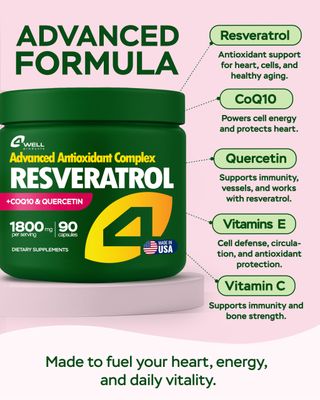 Resveratrol Supplement 1800mg Complex - COQ10, Quercetin, Vitamin E, Vitamin C - Powerful Antioxidant Formula for Enhanced Energy, Heart Health & Healthy-Aging Support Trans Resveratrol 90 Capsules