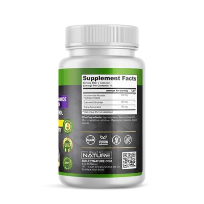 Built by Nature NAD Supplement - Nicotinamide Riboside with Resveratrol & Quercetin - Extra Strength NAD Complex for Healthy Skin Aging, Energy & Cellular Support - 90 Capsules
