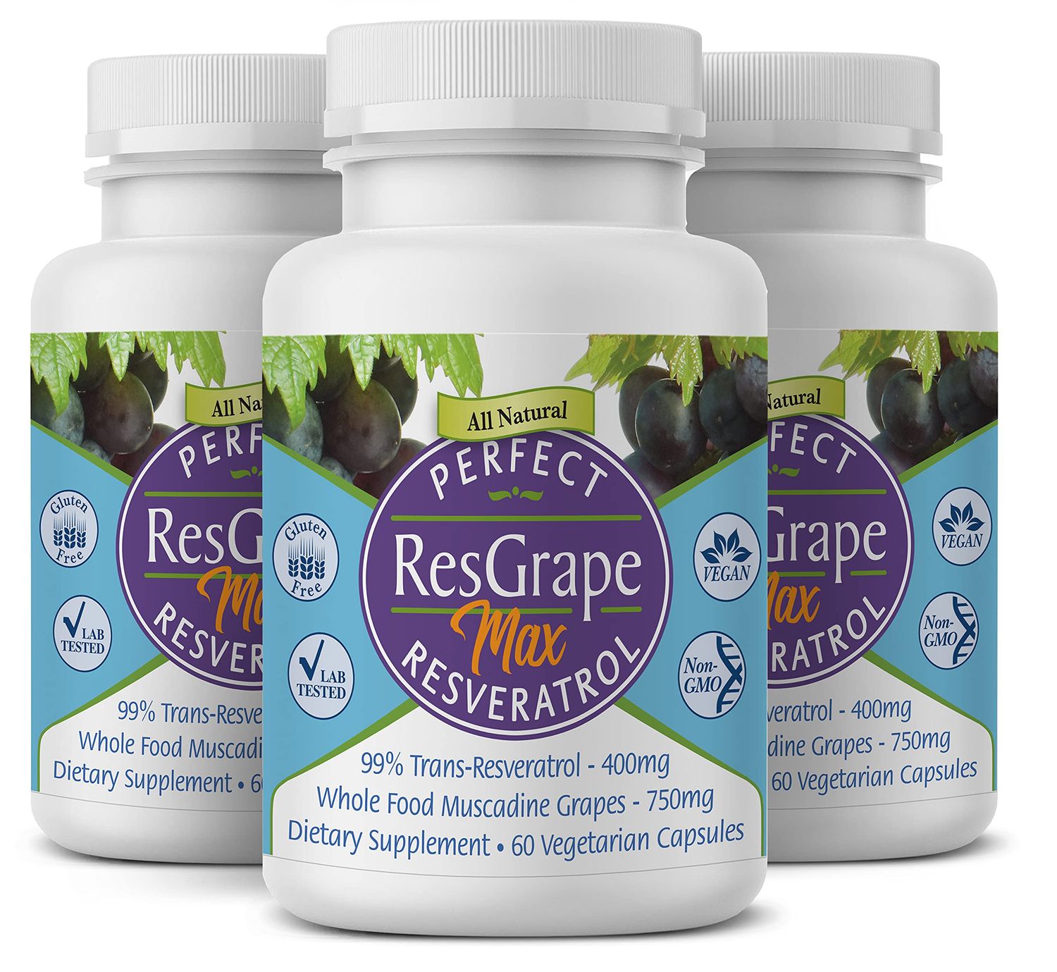 Perfect ResGrape Max, 60 vegetable capsules per bottle(Pack of 3) 99 Trans-Resveratrol &amp; Muscadine Grape Anti-Aging Supplement &amp; Potent Antioxidant