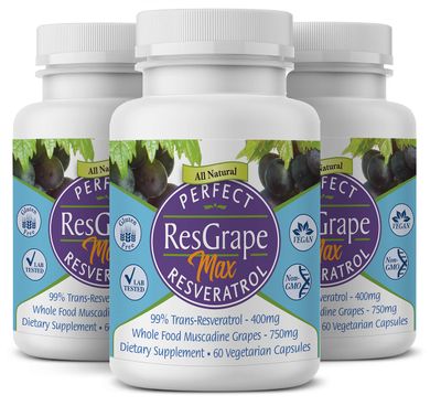 Perfect ResGrape Max, 60 vegetable capsules per bottle(Pack of 3) 99 Trans-Resveratrol &amp; Muscadine Grape Anti-Aging Supplement &amp; Potent Antioxidant
