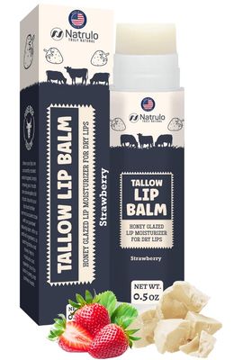 Beef Tallow Lip Balm - Natural Tallow Beeswax Chapstick - Hydrating Moisturizer Grass Fed Tallow Balm Care - Soothes Chapped Dry Lips Sensitive Skin - Long Lasting Vitamin Rich USA-Made, Strawberry