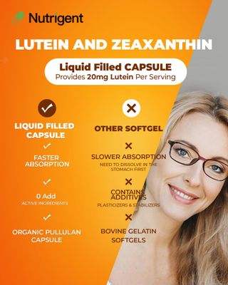 Nutrigent Lutein 20 mg with Zeaxanthin, Liquid Filled Organic Capsules, Eye Health Supplements, Support Vision Health, Gluten Free, Soy Free (60ct)