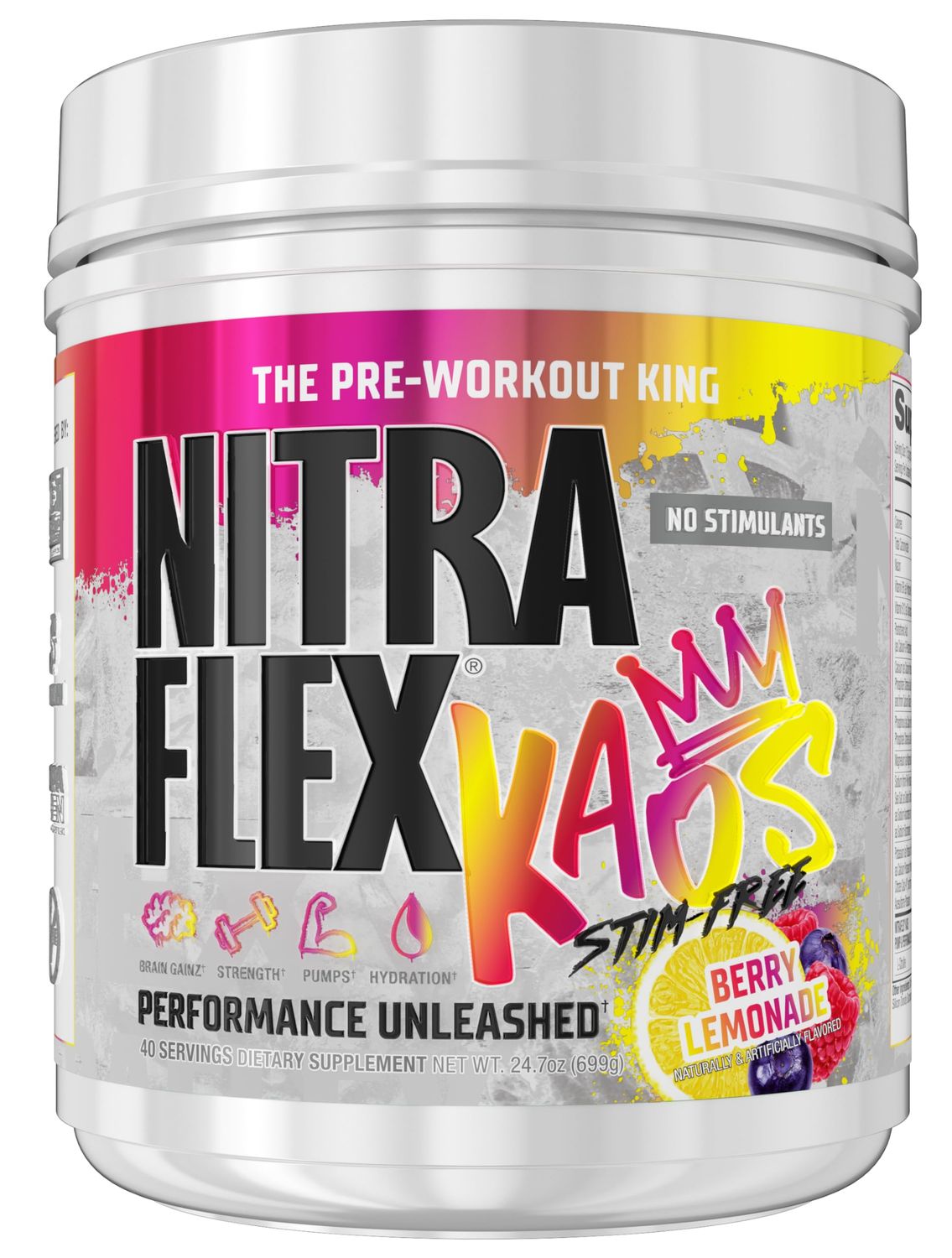 GAT SPORT NITRAFLEX KAOS Stim-Free Pre-Workout Berry Lemonade, Nitric Oxide &amp; Focus Matrix with Citrulline, Beta-Alanine, Creatine, cGMP Certified, 40 Servings