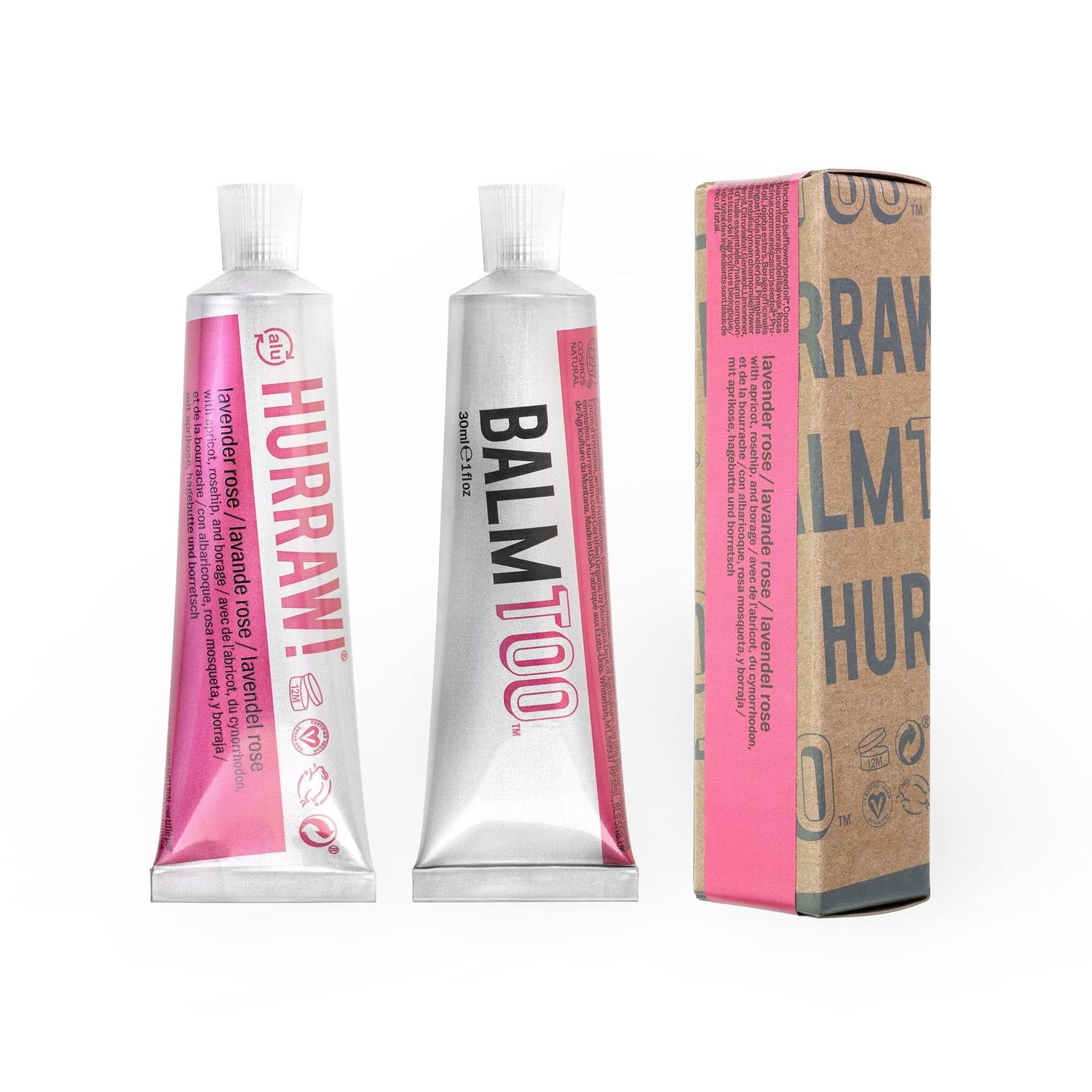 Hurraw! Balmtoo Squeezable Balm, Lavender Rose: Thick, ultra-moisturizing. Anywhere application. Body, face, lips, neck, fingers, toes. 1 tube 7 sticks of lip balm. Natural, Organic. Made in USA