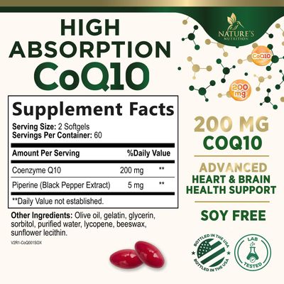 CoQ10 200mg Softgels - Better Absorption, Antioxidant for Heart Health &amp; Cellular Energy Support - Nature's Co Q10 Vitamins, Non-GMO &amp; Gluten Free, Coenzyme Q10 Supplement - 120 Softgels