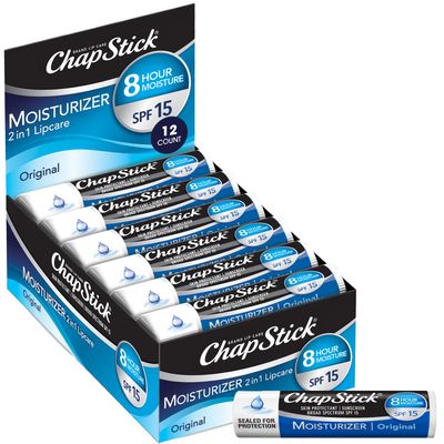ChapStick Moisturizer 2-in-1 Lipcare SPF 15, Original, 12-Pack -8-Hour Sunscreen Lip Balm with Aloe Vera and Vitamin E, 0.15 Oz Ea
