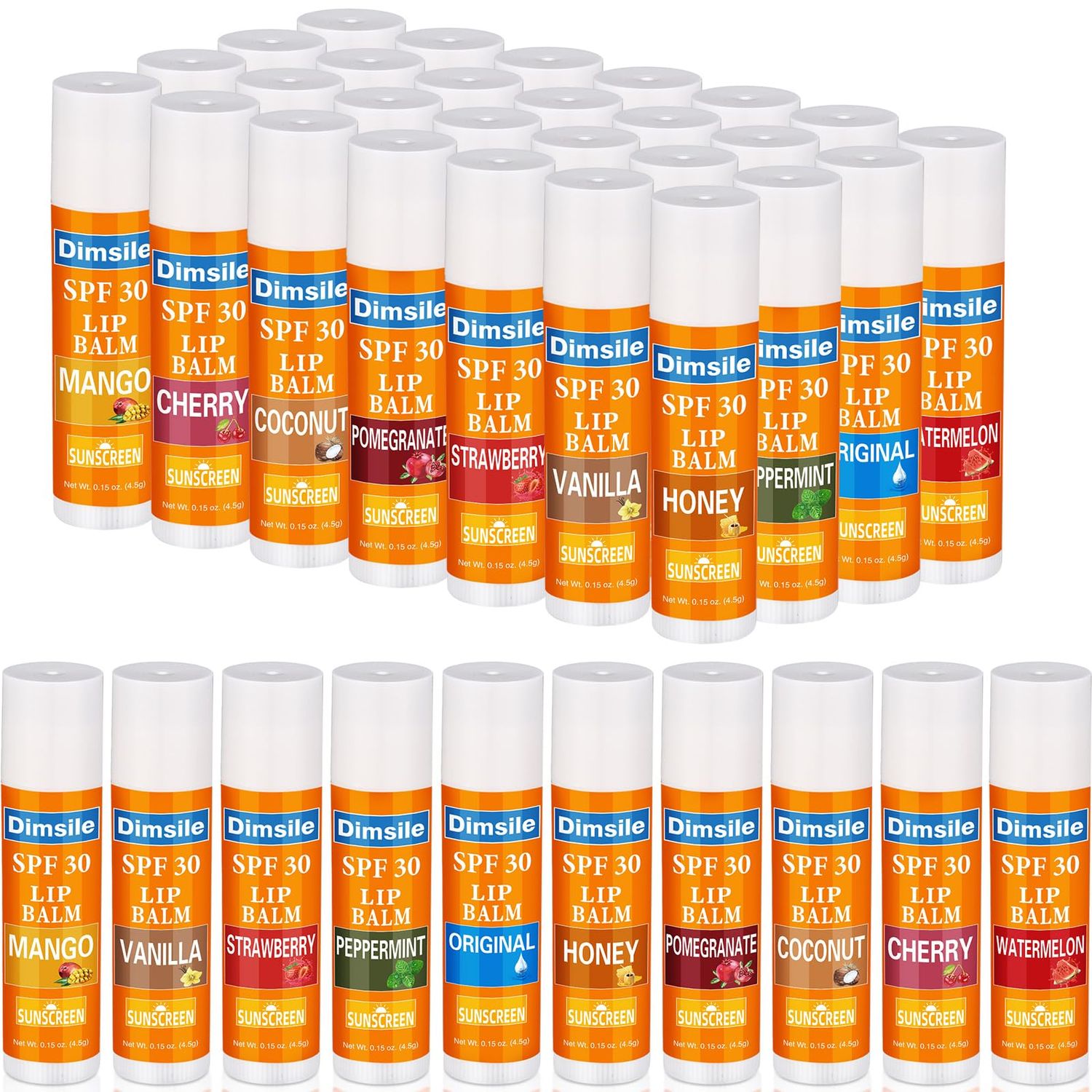 Dimsile 30 Pcs Sunscreen Lip Balms SPF 30 Lip Balms Bulk, Summer Party Gifts Favors Travel Sunscreen for Women Men, 10 Flavors
