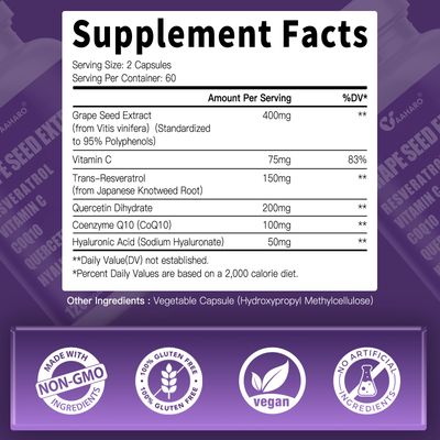 YAAHARO Grape Seed Extract Capsules - 400mg Grape Seed Extract Organic Supplements with Vitamin C, Resveratrol, Quercetin, CoQ10 &amp; Hyaluronic Acid for Women &amp; Men - 120 Capsules, 60 Days Supply
