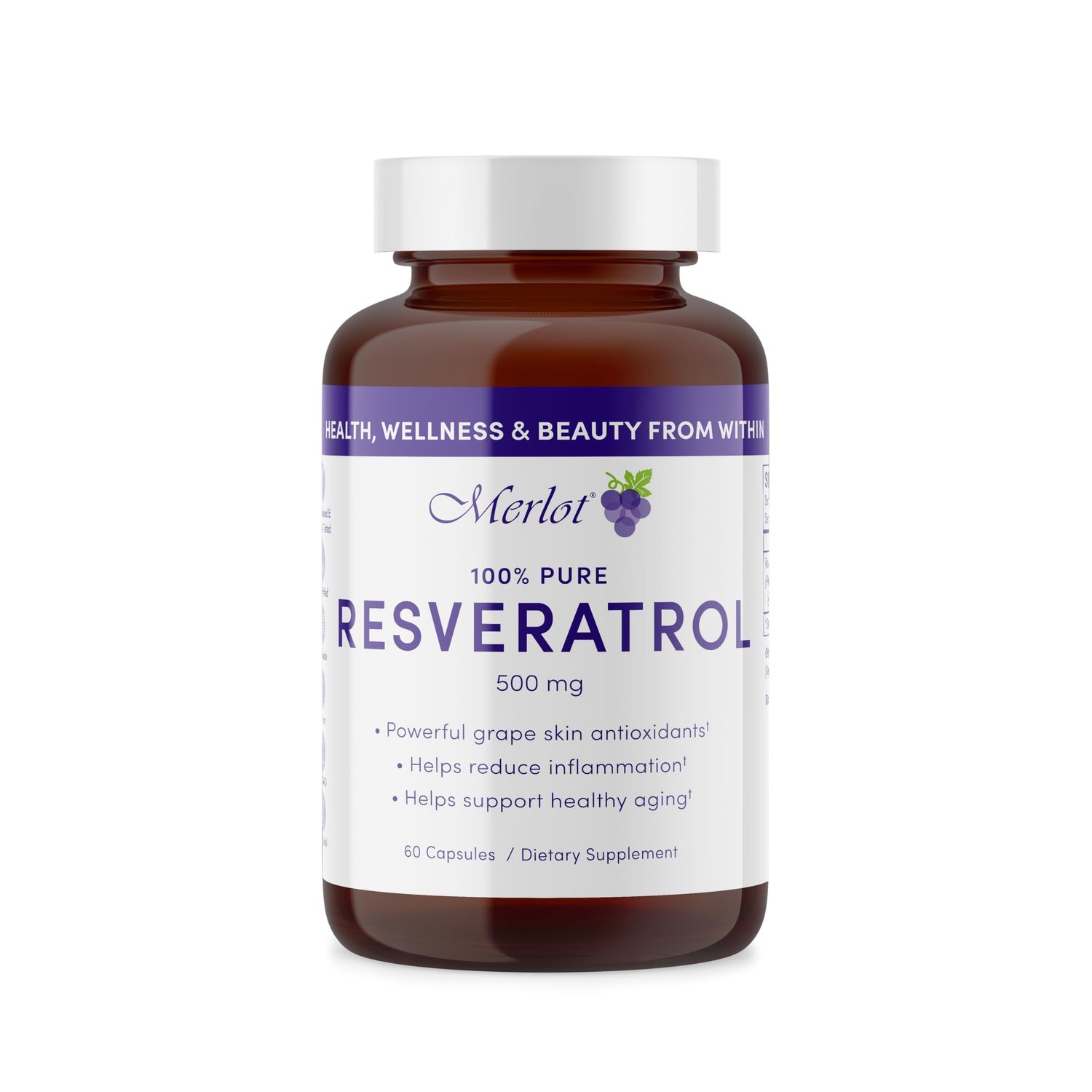 Merlot Resveratrol 500mg Capsules - 60 Count - Beauty Within AntiAging Supplement Non GMO Gluten Free- Made in USA