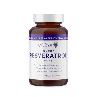 Merlot Resveratrol 500mg Capsules - 60 Count - Beauty Within AntiAging Supplement Non GMO Gluten Free- Made in USA