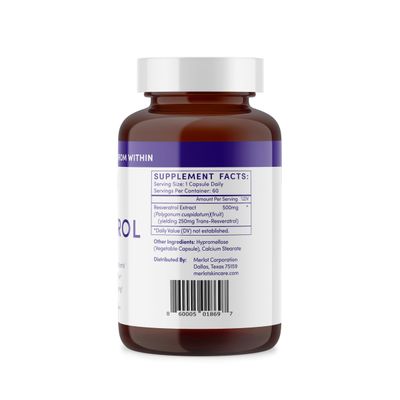 Merlot Resveratrol 500mg Capsules - 60 Count - Beauty Within AntiAging Supplement Non GMO Gluten Free- Made in USA