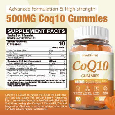 Healtionist 2 Pack 500MG Coq10 Gummies - 3X Better Absorption, Plus Omega-3, Magnesium, Vitamin B3 &amp; Zinc - Coenzyme Q10 Supplements for Heart Health, Cellular Energy &amp; Antioxidant, Vegan, 120 Counts