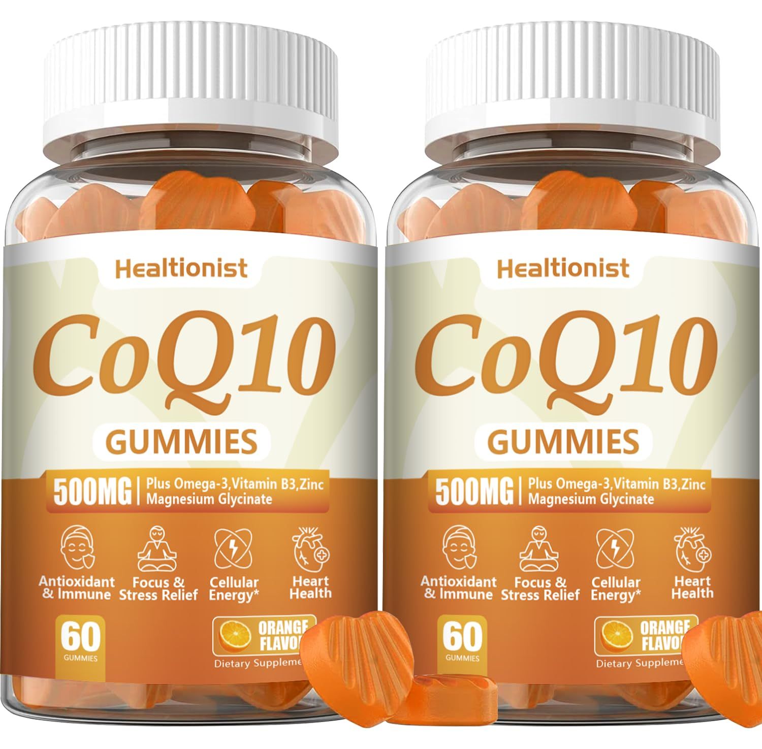 Healtionist 2 Pack 500MG Coq10 Gummies - 3X Better Absorption, Plus Omega-3, Magnesium, Vitamin B3 &amp; Zinc - Coenzyme Q10 Supplements for Heart Health, Cellular Energy &amp; Antioxidant, Vegan, 120 Counts