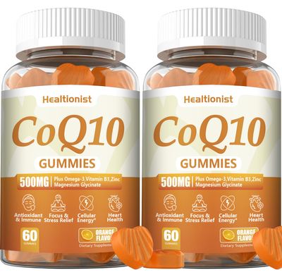 Healtionist 2 Pack 500MG Coq10 Gummies - 3X Better Absorption, Plus Omega-3, Magnesium, Vitamin B3 &amp; Zinc - Coenzyme Q10 Supplements for Heart Health, Cellular Energy &amp; Antioxidant, Vegan, 120 Counts