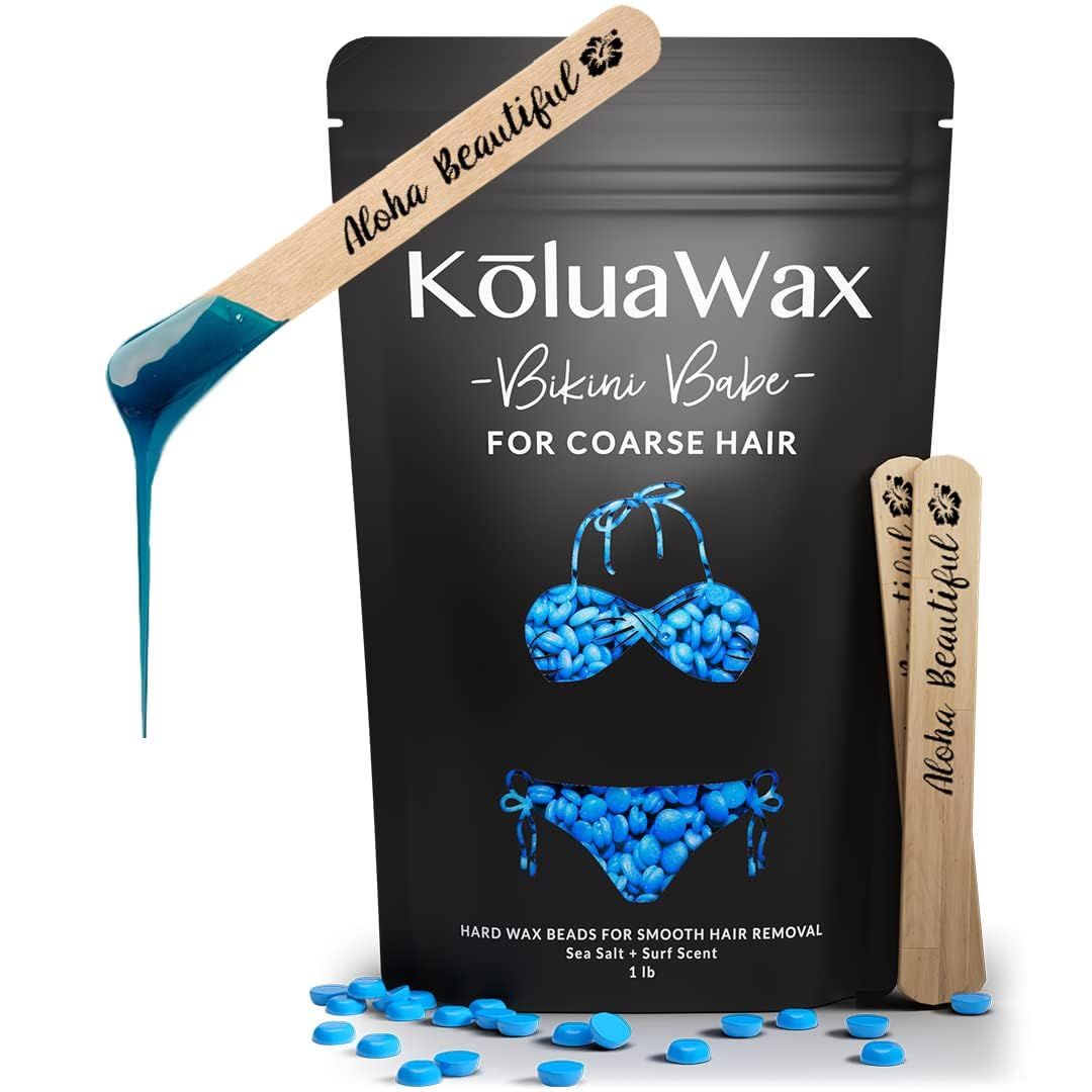 KoluaWax Hard Wax Beads for Hair Removal - Coarse Hair Formula - Face, Brazilian, Underarms, Back Chest, Bikini Waxing - Sea Salt &amp; Surf, 1lb Refill for Wax Warmers &amp; 10 Large Applicator Sticks