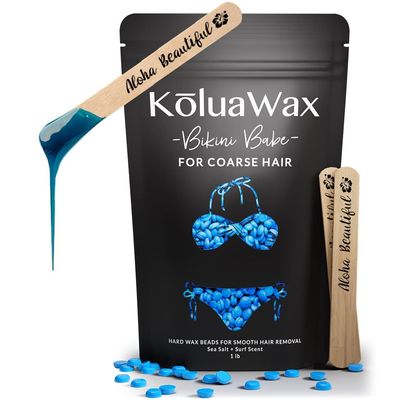 KoluaWax Hard Wax Beads for Hair Removal - Coarse Hair Formula - Face, Brazilian, Underarms, Back Chest, Bikini Waxing - Sea Salt &amp; Surf, 1lb Refill for Wax Warmers &amp; 10 Large Applicator Sticks
