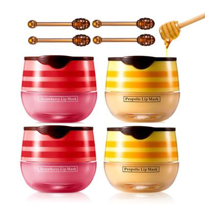 4 Pcs Bee Lip Balm Honey Pot,Honey &amp; Strawberry Lip Mask Propolis Moisturizing Lip Balm. (2Pcs Honey &amp;2Pcs Strawberry)