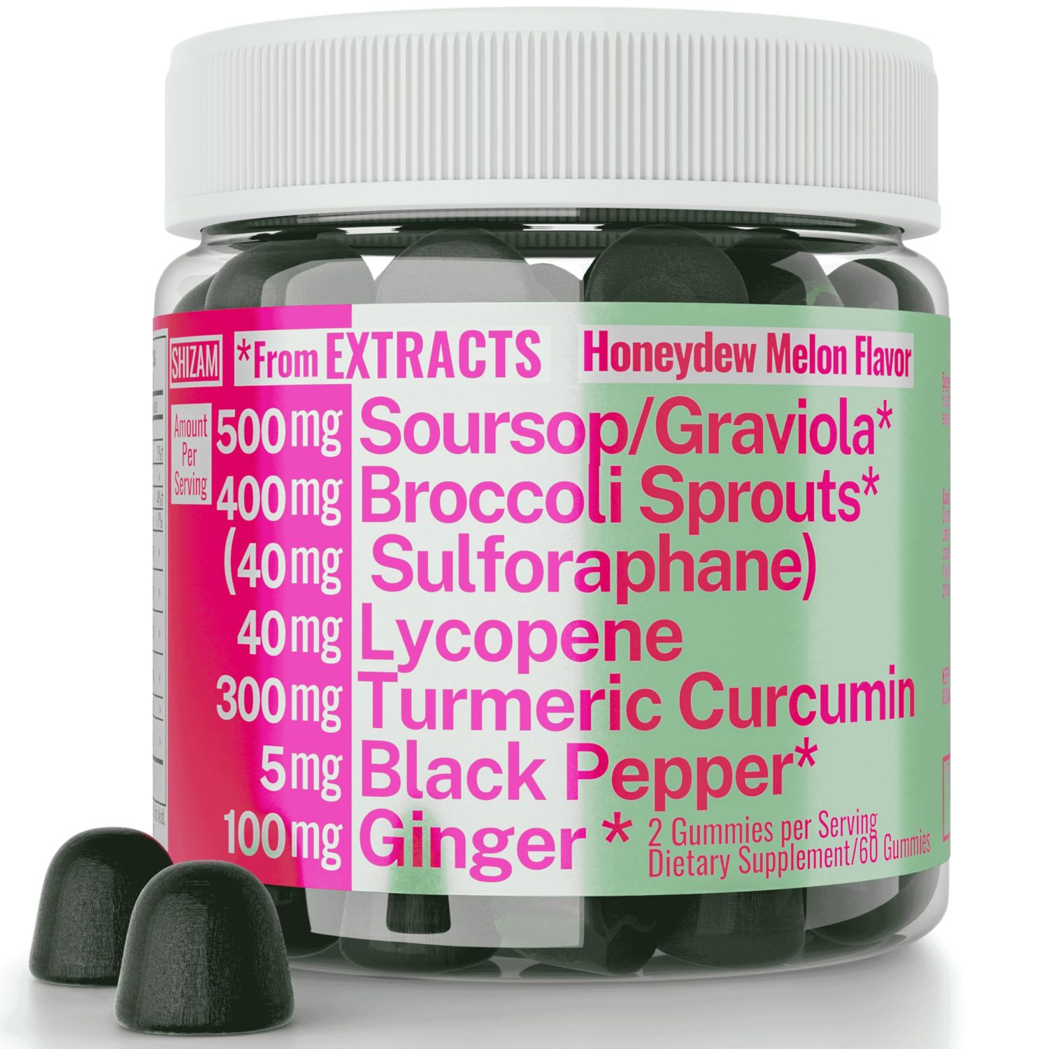 Soursop Graviola Curcumin Lycopene Broccoli Sprouts Sulforaphane Extract Gummies with Turmeric Curcumin Ginger Black Pepper, Sour Sop Guyabano Leaf Supplement, Chew Chewable Pills Capsules Supplements