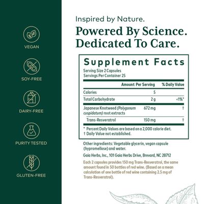 Gaia Herbs Pro Resveratrol 150 - Offers Heart Health & Immune Support - Contains Japanese Knotweed - Vegan, Soy-Free & Gluten-Free - 50 Liquid Phyto-Caps (25 Servings)