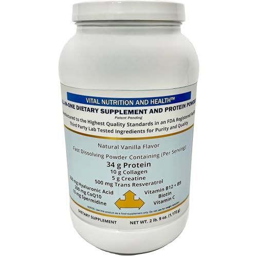Vital Nutrition and Health All-in-One Powder: Protein, Collagen, Creatine, Resveratrol, Spermidine, Hyaluronic Acid, CoQ10 Key Vitamins