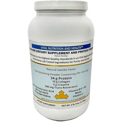 Vital Nutrition and Health All-in-One Powder: Protein, Collagen, Creatine, Resveratrol, Spermidine, Hyaluronic Acid, CoQ10 Key Vitamins