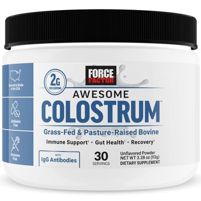 FORCE FACTOR Awesome Colostrum to Support Gut Health, Immune Function, Recovery, &amp; More, Bovine Colostrum Supplement, Pasture-Raised, Grass Fed, Hormone Free, Naturally Unflavored, 30 Servings