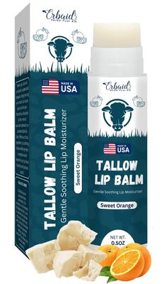 Beef Tallow Lip Balm - Natural Tallow Beeswax Chapstick - Hydrating Moisturizer Grass Fed Tallow Balm Lip Care - Soothes Chapped, Dry Lips, Sensitive Skin - Long Lasting Vitamin Rich USA-Made Orange