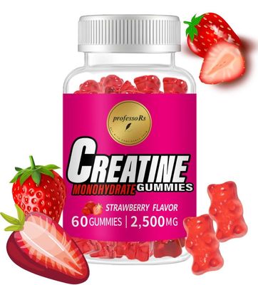 professoRs Creatine Gummies Monohydrate, 2500mg per Serving, Men &amp; Women - Muscle Strength, Energy Boost &amp; Pre-Workout Supplement - Chewable Muscle Builder, 60 Strawberry Flavored Gummies