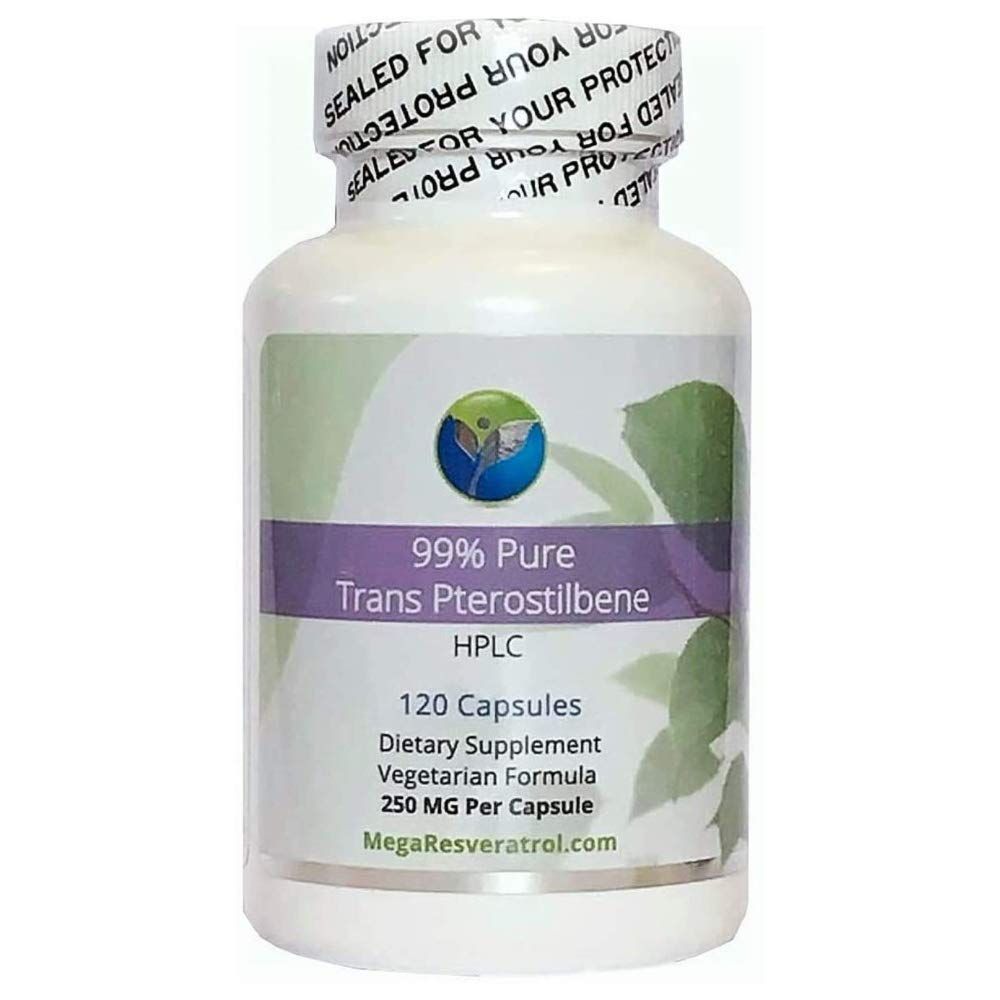 Mega Pterostilbene, 99 Pure, Micronized Trans-Pterostilbene, 250 MG - 120 Vegetarian Capsules. Excipients Free. Manufactured in The USA.