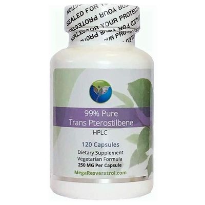 Mega Pterostilbene, 99 Pure, Micronized Trans-Pterostilbene, 250 MG - 120 Vegetarian Capsules. Excipients Free. Manufactured in The USA.