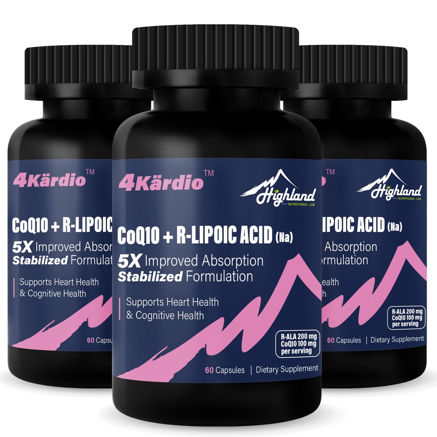 Highland Nutritional Lab CoQ10 100mg R-Lipoic Acid (Na) 200mg per Serving, Up to 5X Improved Absorption, R-Lipoic Acid/CoQ10 Supplement for Heart Health and Cognitive Health-180 Capsules