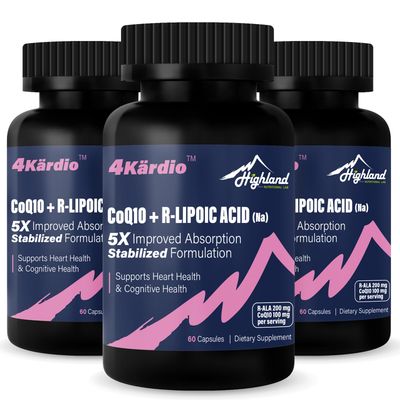 Highland Nutritional Lab CoQ10 100mg R-Lipoic Acid (Na) 200mg per Serving, Up to 5X Improved Absorption, R-Lipoic Acid/CoQ10 Supplement for Heart Health and Cognitive Health-180 Capsules