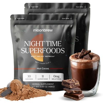 MoonBrew Nighttime Magnesium Hot Cocoa, Natural Sleep Aid Drink Mix for Adults - Calming Melatonin-Free Sleep Support - Sleepy Hot Chocolate Powder with L-Theanine, Chamomile &amp; Zinc Glycinate - 2-Pack