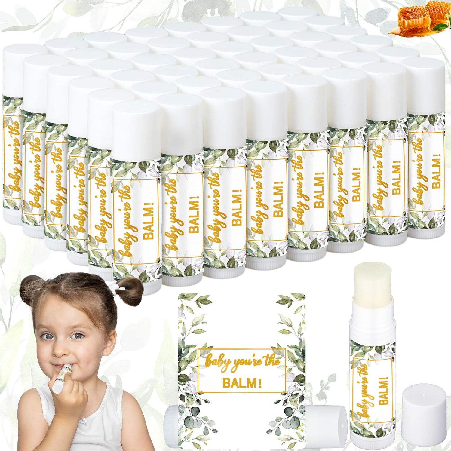 Siifert 50 Pack Greenery Baby Shower Lip Balm Favors Bulk Baby Shower Party Supplies for Guests Bulk Gender Reveal Prizes Souvenirs Inspirational Thank You Gifts Lips Balm Party Supplies