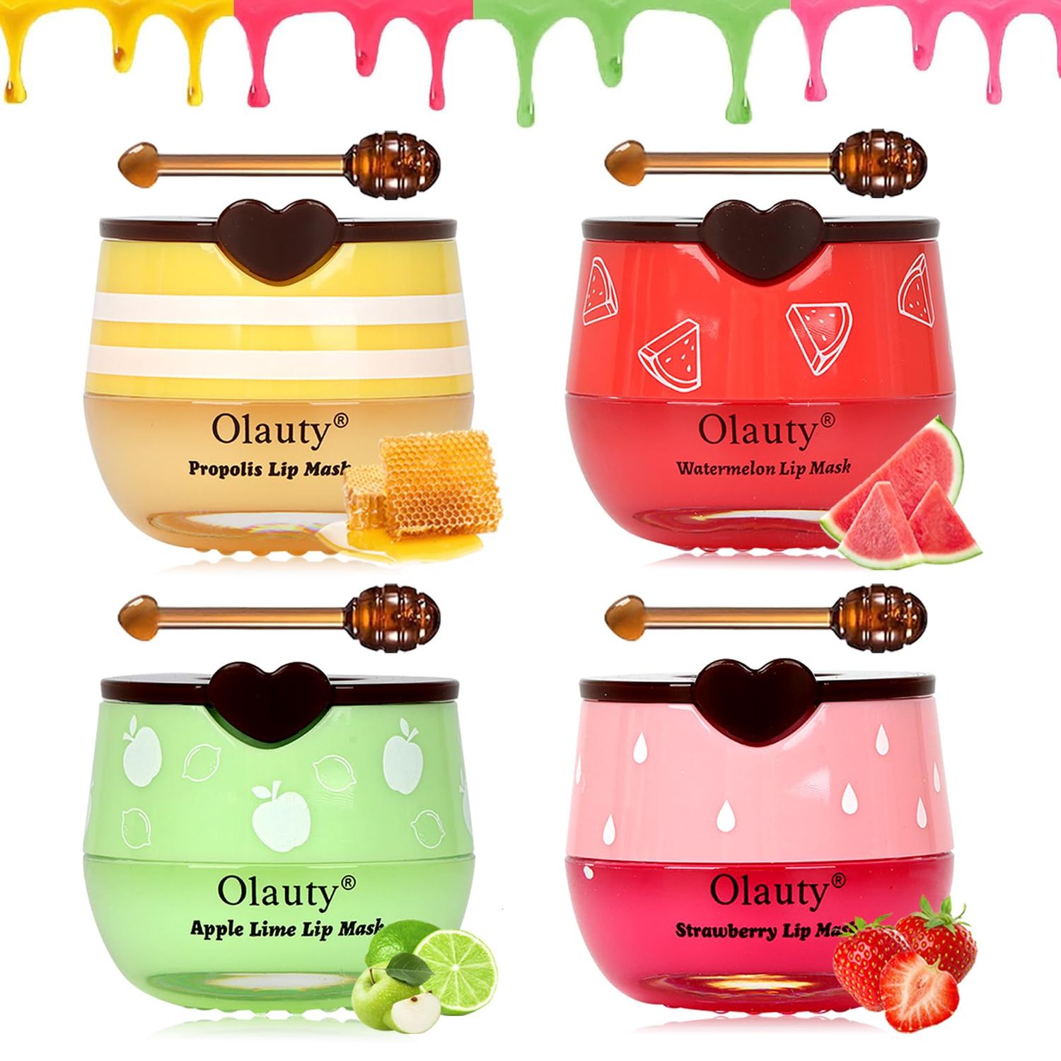 4 Pack Lip Balm Lip Mask,Hydrating Balm Honey Pot for Dry,Cracked&amp;Chapped Lips with Propolis,Strawberry&amp;Watermelon&amp;Apple Lime&amp;Honey Extract&amp;Vitamin E with Propolis,Lip Care Products Reduces Lip Lines