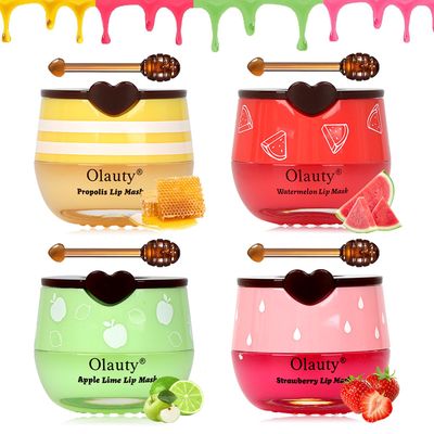 4 Pack Lip Balm Lip Mask,Hydrating Balm Honey Pot for Dry,Cracked&amp;Chapped Lips with Propolis,Strawberry&amp;Watermelon&amp;Apple Lime&amp;Honey Extract&amp;Vitamin E with Propolis,Lip Care Products Reduces Lip Lines