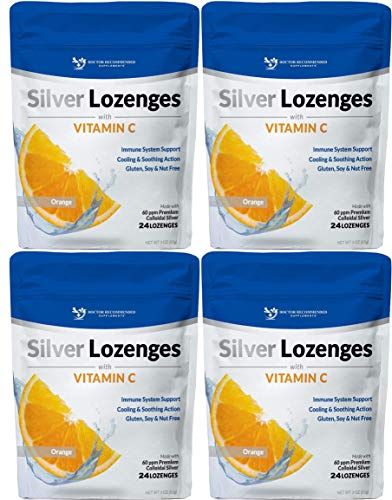 Silver Lozenges with Vitamin C - Premium Nano Silver 60 PPM Colloidal Silver, Organic Honey and Vitamin C Mineral Supplement Drops to Support Immune System, Soothe Cough &amp; Throat - Pack of 4