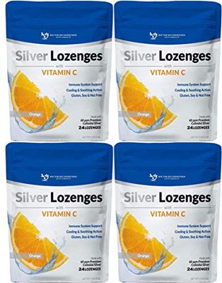 Silver Lozenges with Vitamin C - Premium Nano Silver 60 PPM Colloidal Silver, Organic Honey and Vitamin C Mineral Supplement Drops to Support Immune System, Soothe Cough &amp; Throat - Pack of 4