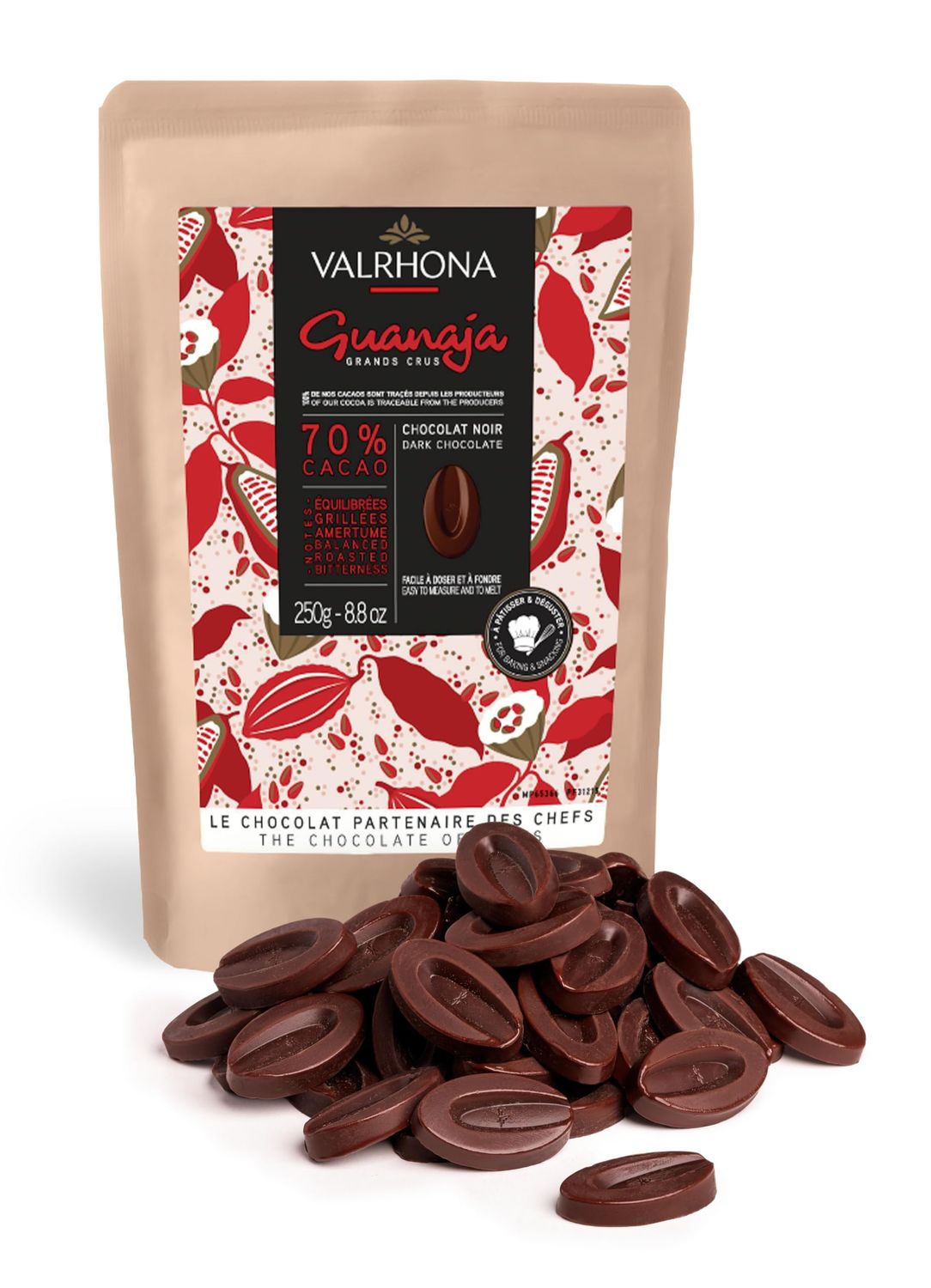 Valrhona Premium French Baking Dark Chocolate Discs (Feves). Classic GUANAJA 70 Cacao. Easy Melt. Easy to chop. Intense &amp; Smooth with Bitter Notes. Sauces, Cakes, Mousses, Frostings 250g (Pack of 1)