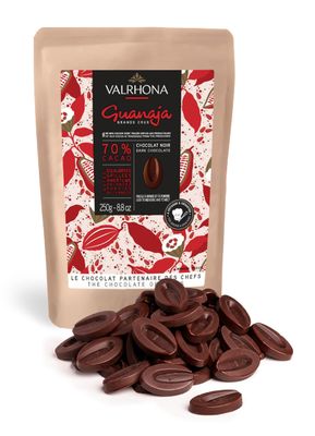 Valrhona Premium French Baking Dark Chocolate Discs (Feves). Classic GUANAJA 70 Cacao. Easy Melt. Easy to chop. Intense &amp; Smooth with Bitter Notes. Sauces, Cakes, Mousses, Frostings 250g (Pack of 1)