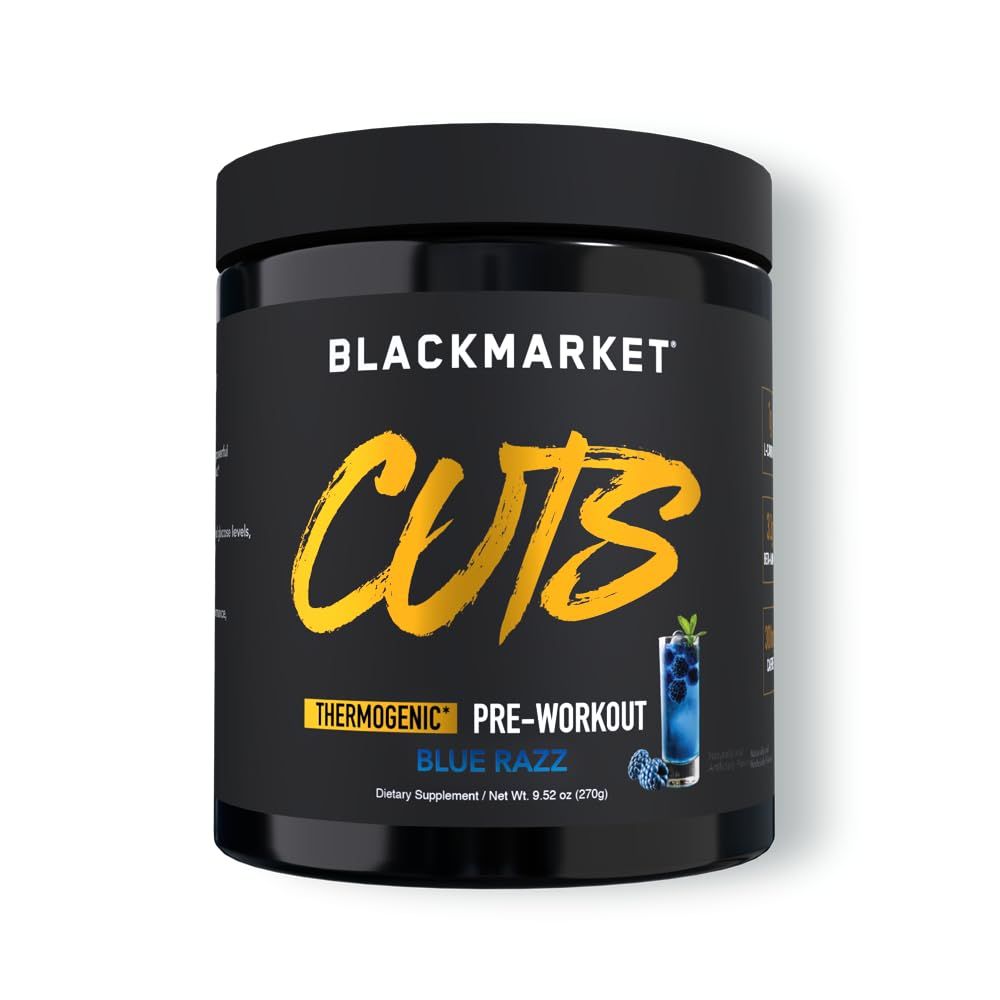BLACKMARKET CUTS Pre Workout - Flavored Energy Powdered Drink Mix for Men &amp; Women, Great for Muscle Definition, Thermogenic, Creatine Free, (Blue Razz, 30 Servings)