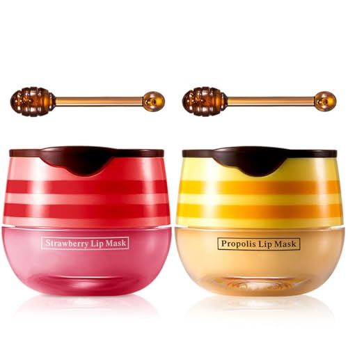 Honey &amp; Strawberry Lip Balm Lip Mask, Hydrate Repair Prevent Dry Cracked Lip, Effective Reduces Lip Lines, Vitamin E Moisturizing Propolis Sleeping Lip Care