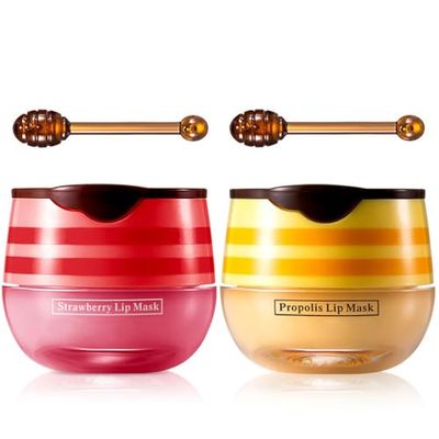Honey &amp; Strawberry Lip Balm Lip Mask, Hydrate Repair Prevent Dry Cracked Lip, Effective Reduces Lip Lines, Vitamin E Moisturizing Propolis Sleeping Lip Care