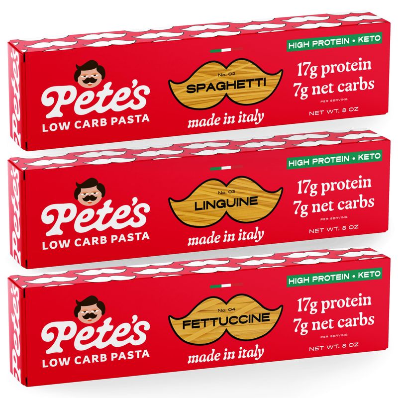 Pete&#39;s Pasta Variety Spaghetti, Fettuccine, Linguine | 17g High Protein Pasta | 7g Low Carb Keto Pasta | Healthy, Italian Pasta From Italy | 3-Pack, 8oz